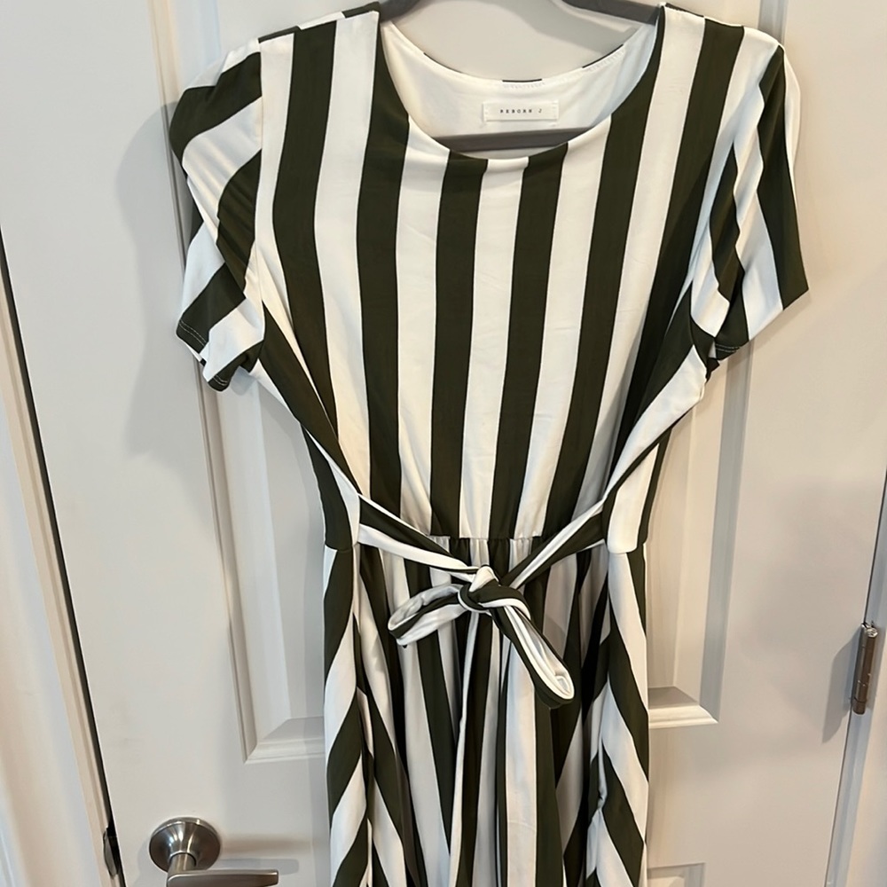 Sage green and white striped dress